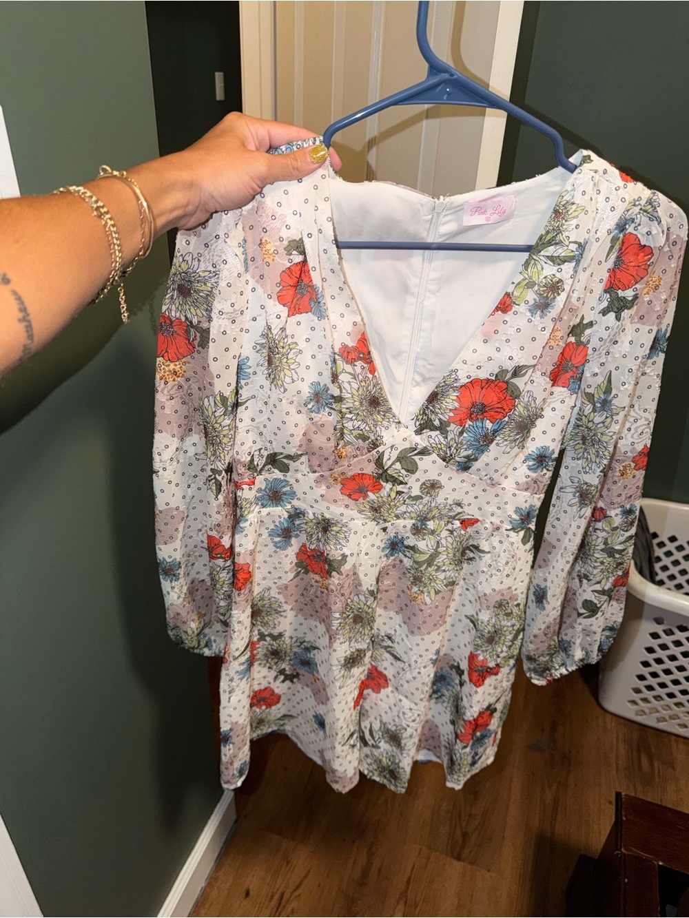 Pink Lily White Floral V-Neck Romper with Red & Blue Flowers
